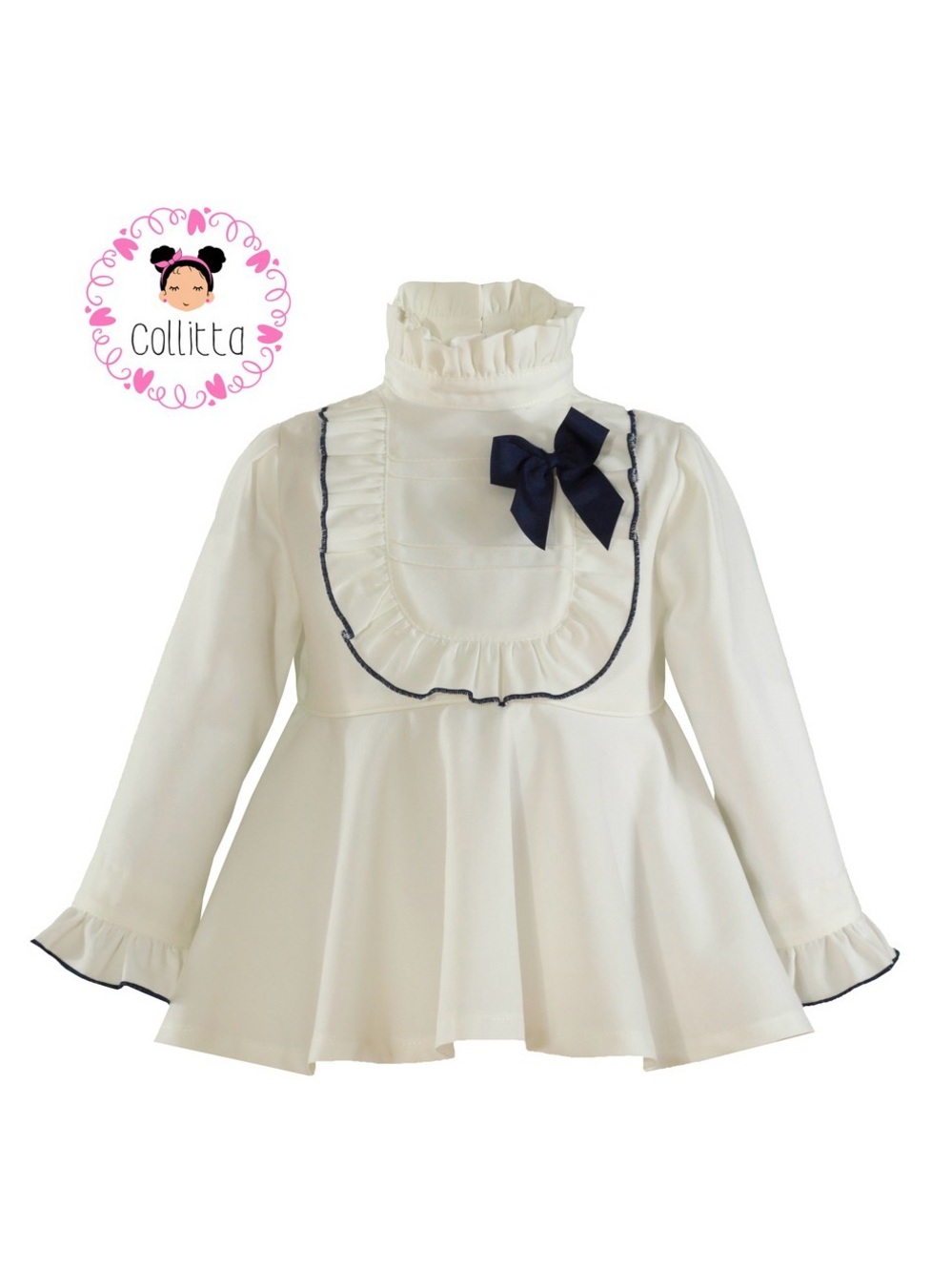 White Ruffle Neck Peplum Top with Navy Bow